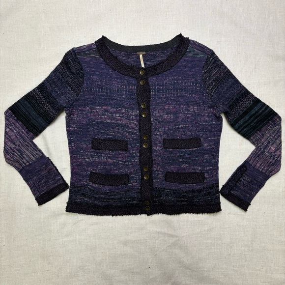 FREE PEOPLE Women’s Small Purple Combo Knit Button Front Cardigan Pocket Sweater - Picture 1 of 7